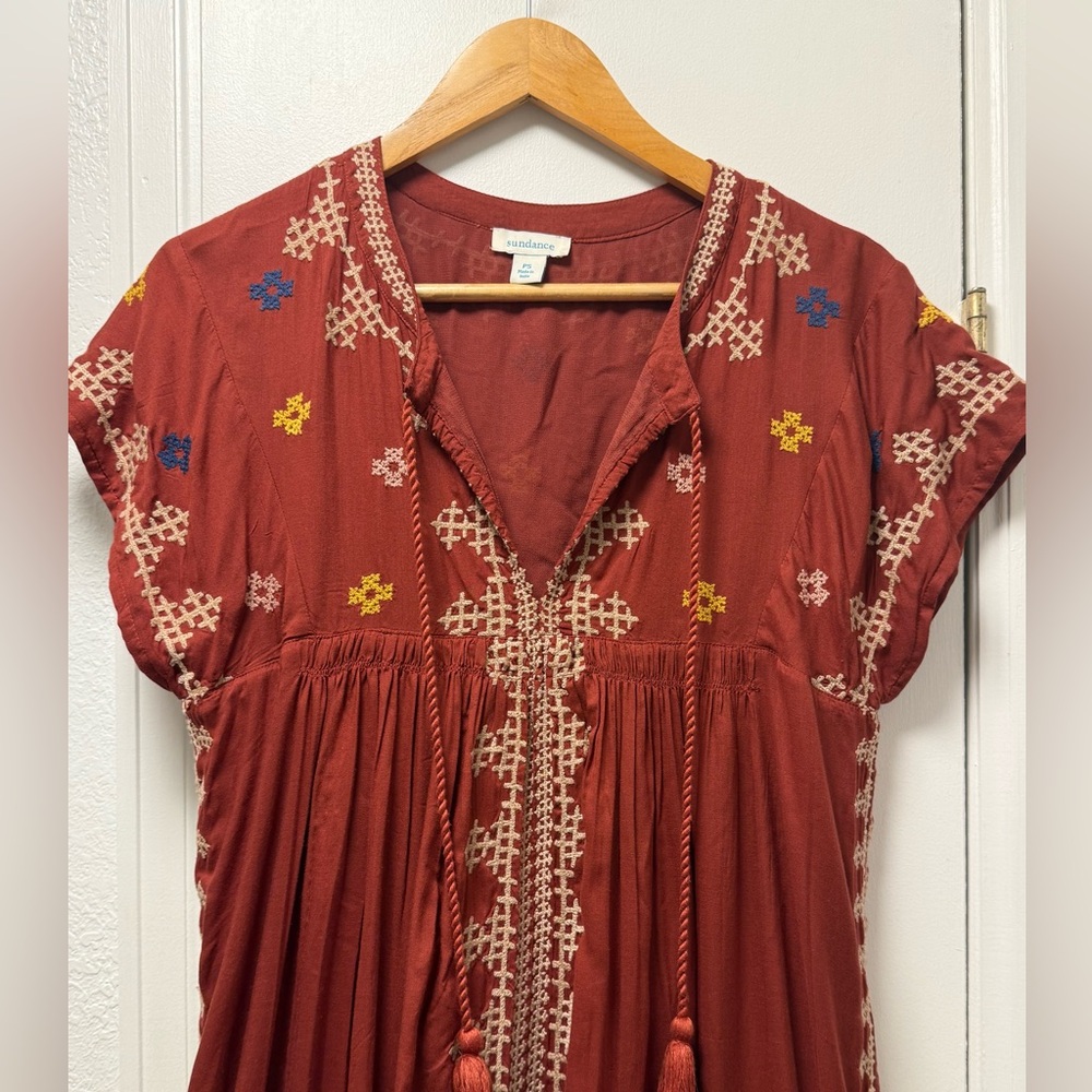 Sundance Embroidered Boho Mini Dress Rust Brown Petite Small PS - Picture 2 of 8